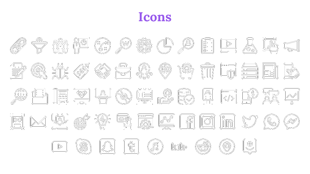 Icons slide featuring a bold purple heading and neatly arranged outlined symbols of business, and social media apps.