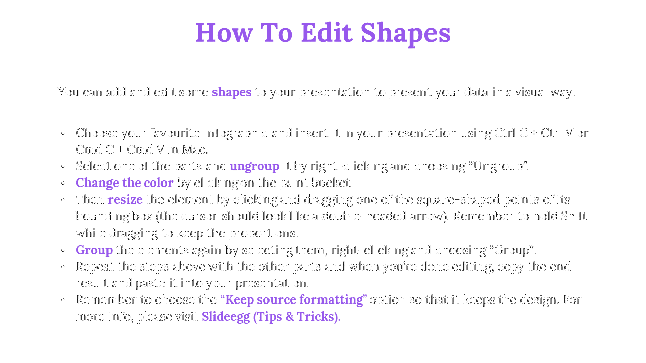 Simple white background featuring purple heading, text, and multiple bullet points detailing shape editing steps.