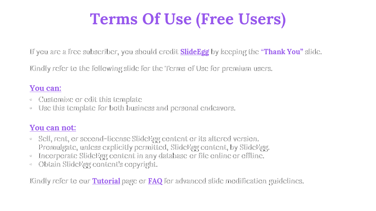 Centered purple heading, two text blocks with allowed and prohibited actions, and footer referencing tutorial and FAQ pages.