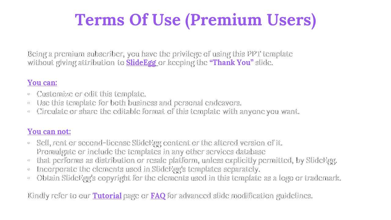 Purple bold title, terms text in two parts with bullets, ending with a line suggesting to visit tutorial and FAQ pages.