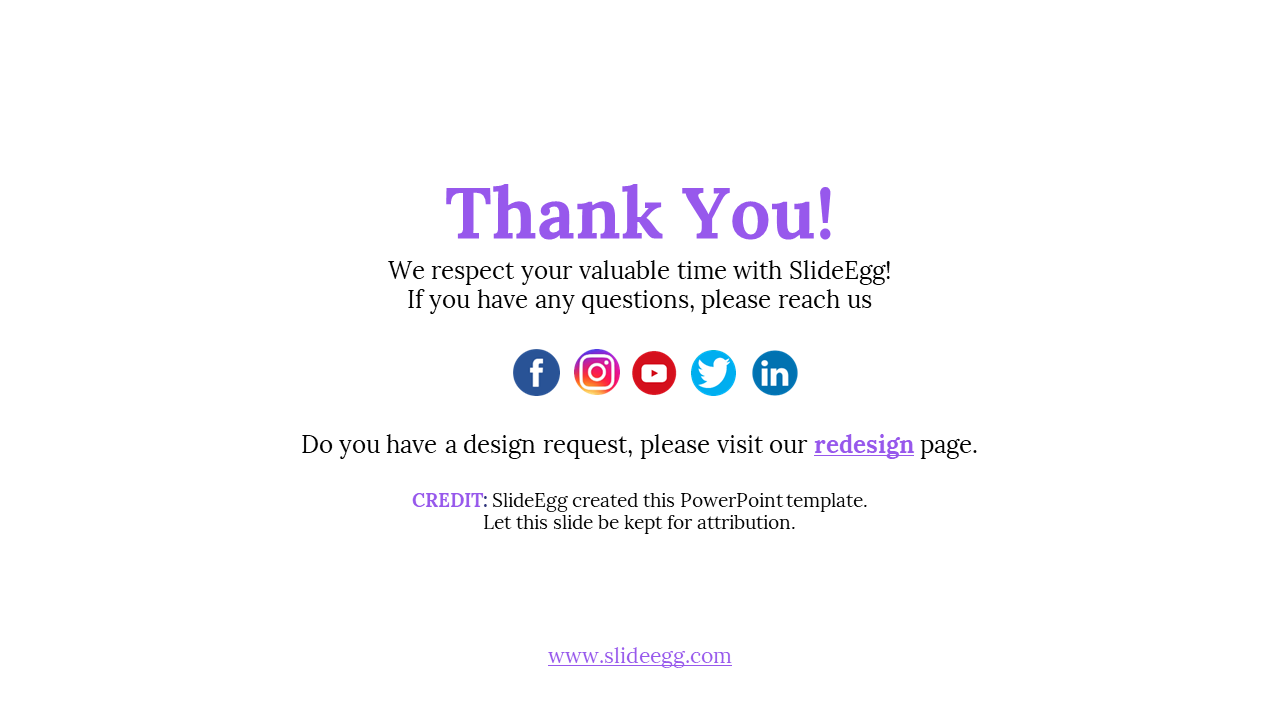 White background with purple thank you text, five social icons below, and small credit text and website link at the bottom.