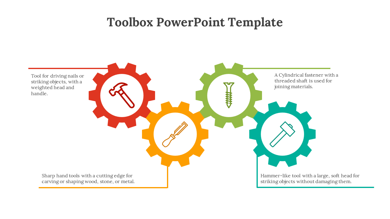 Toolbox template showing red, orange, green, and teal gears with tool icons and descriptions connected with lines.