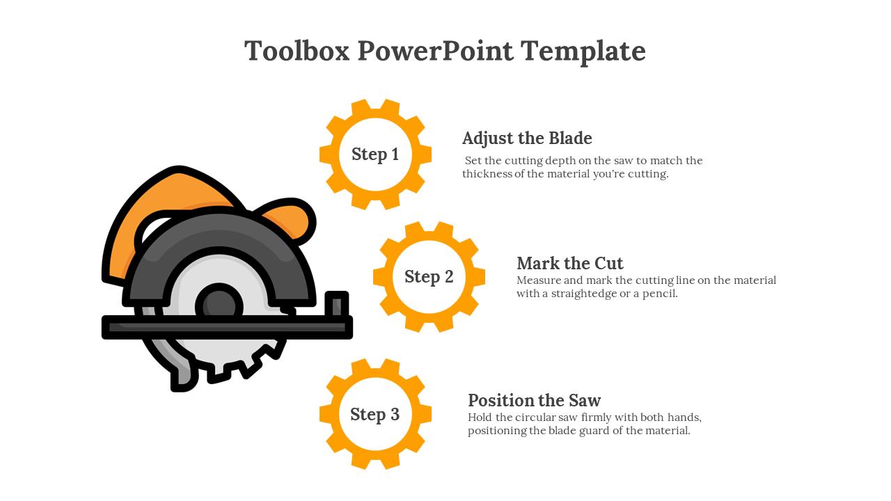 Circular saw icon in black, gray, and orange on left, with three yellow gear shapes labeled steps linked to text on right.
