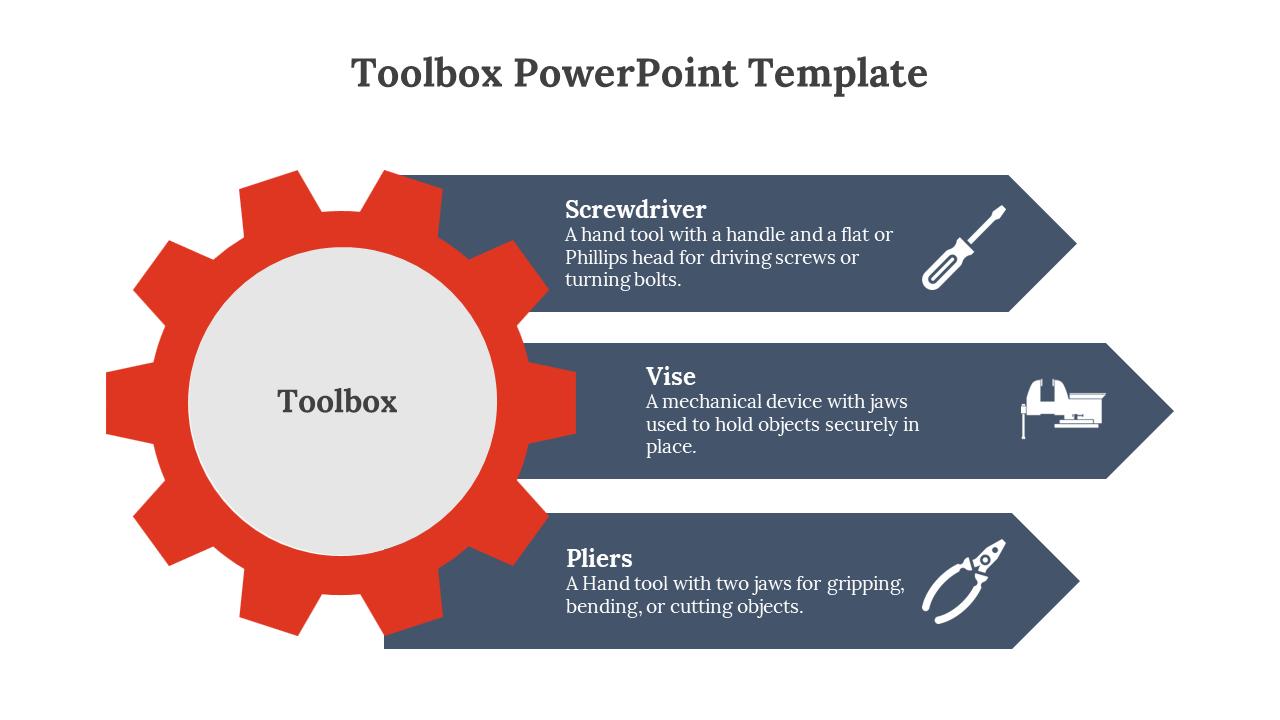 Red gear with a light gray center, pointing to three dark blue arrows with white outlined tool icons and text.