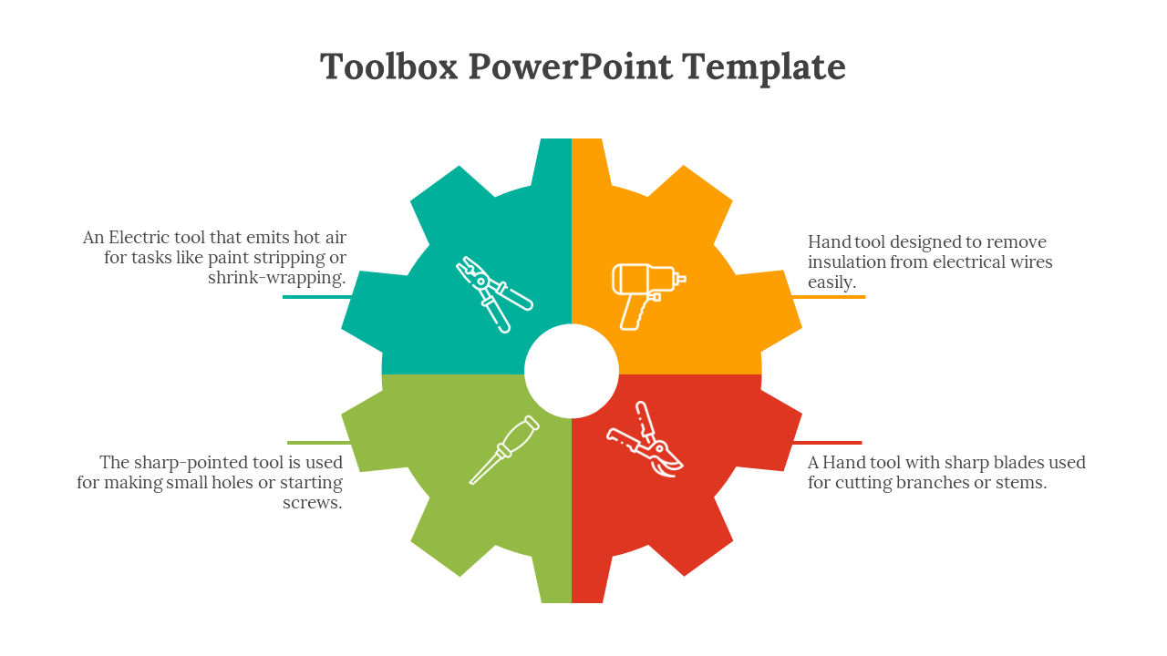Circular gear divided into teal, orange, green, and red sections, each with a white outlined tool icon at the center.