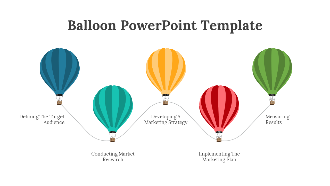 Blue, teal, yellow, red, and green balloons aligned horizontally with a curved connector and text underneath.