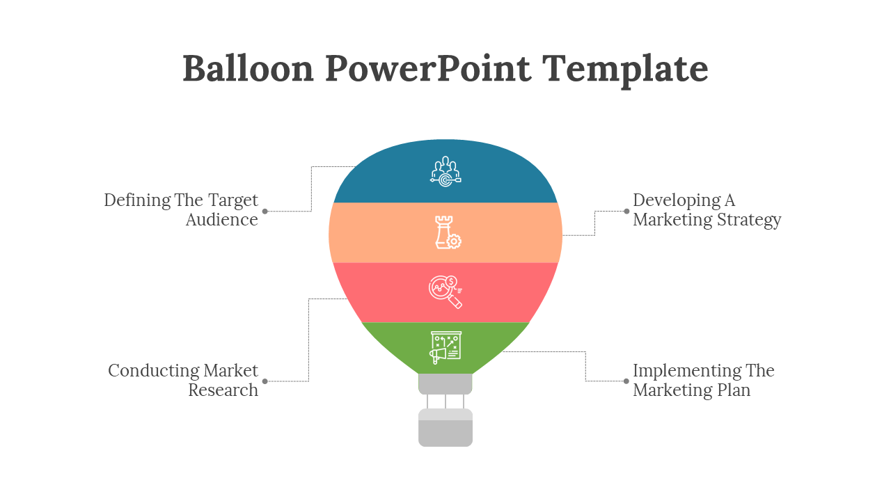 Vertical balloon with four horizontal layers in blue, peach, pink, and green, linked to strategic marketing topics.