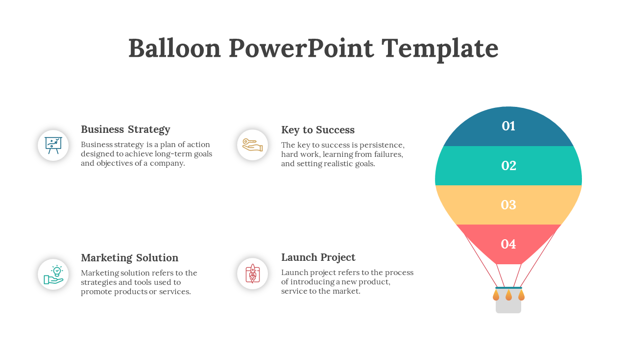 Four sections of a balloon in blue, teal, yellow, and red shades, linked to business solution icons and descriptions.