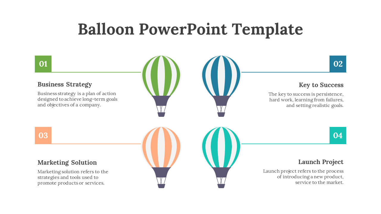 Four striped balloons with green, blue, orange, and teal colors, each linked horizontally to numbered business text boxes.