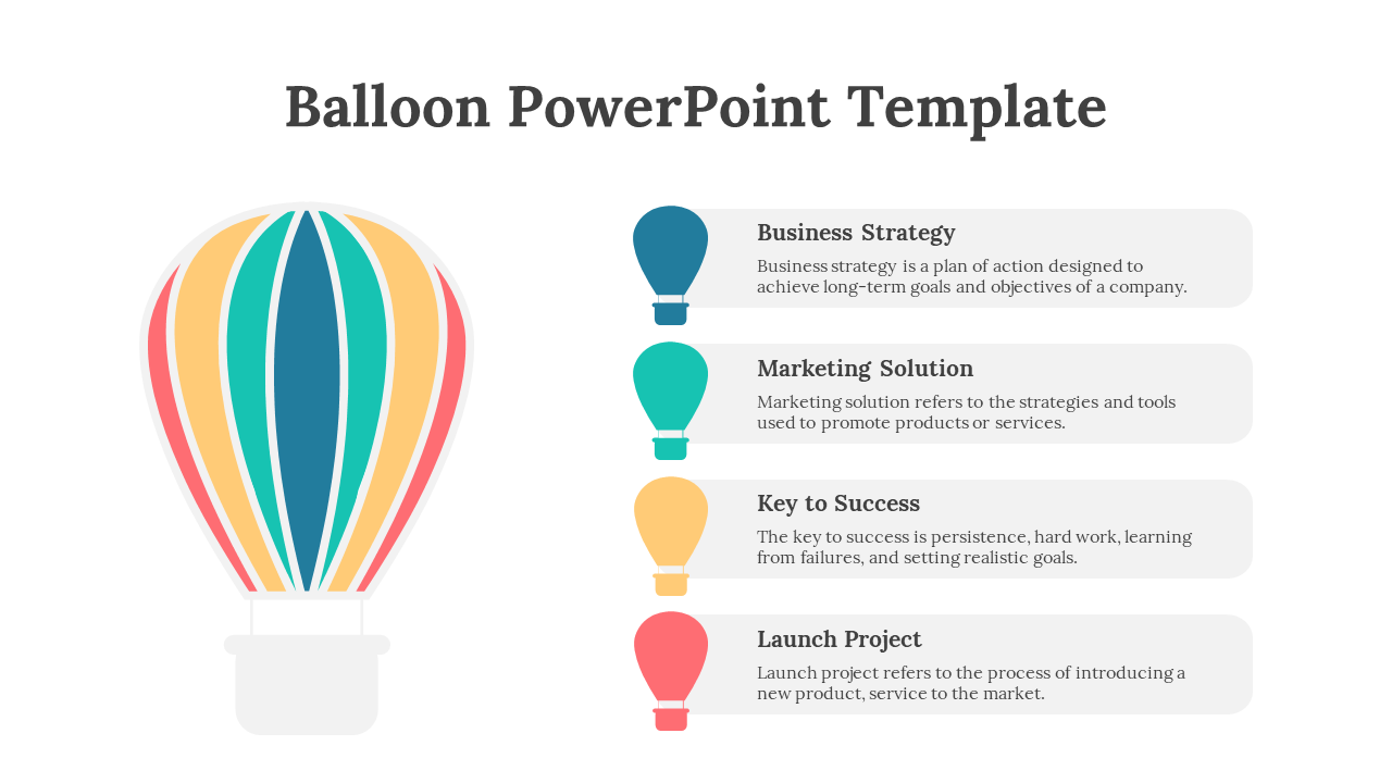 Central striped hot air balloon, right side features four balloons in blue, green, yellow, and red with business headings.