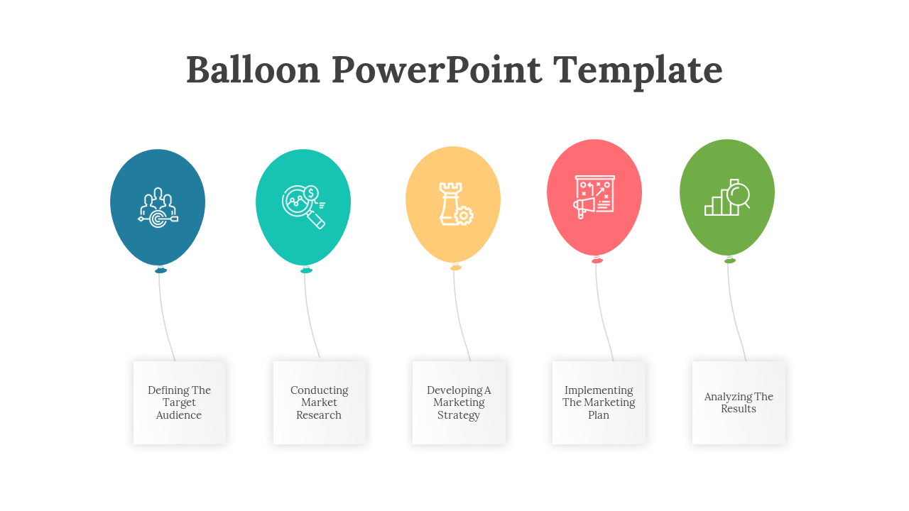Row of five balloons in blue, teal, yellow, red, and green colors, each linked to a white box describing a marketing phase.