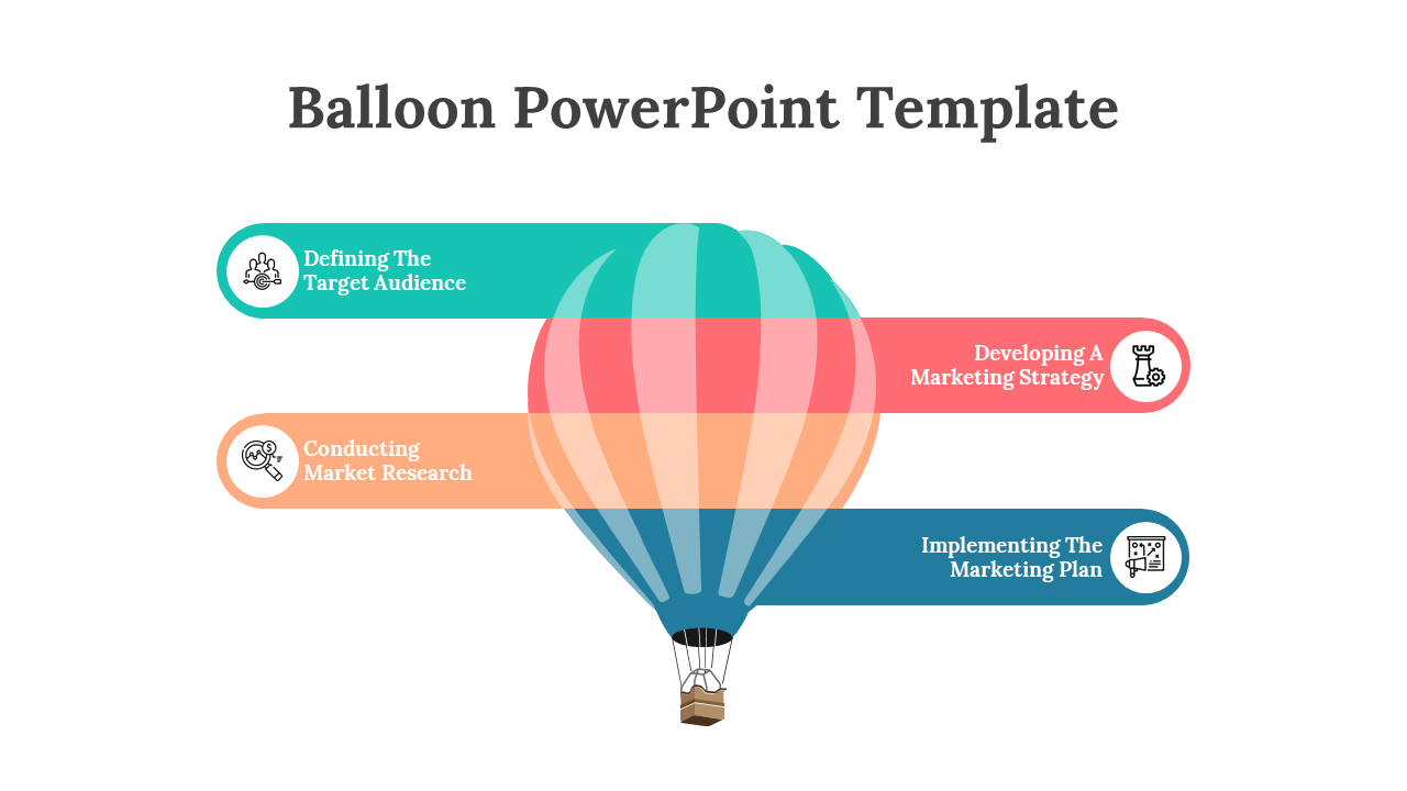 Colorful hot air balloon with four horizontal banners in teal, red, peach, and blue showing marketing steps and icons.