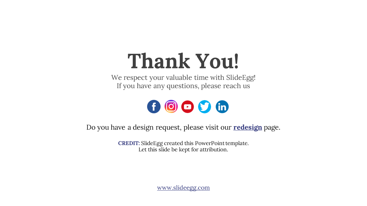 Thank you slide with black text at center, five social media icons aligned below in various colors on a white background.