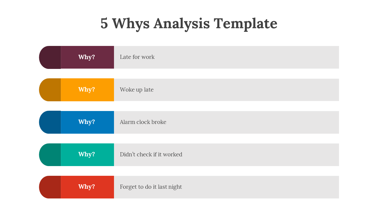Five horizontal rows with rounded maroon, orange, blue, teal, and red tabs, each followed by a light grey rectangle.