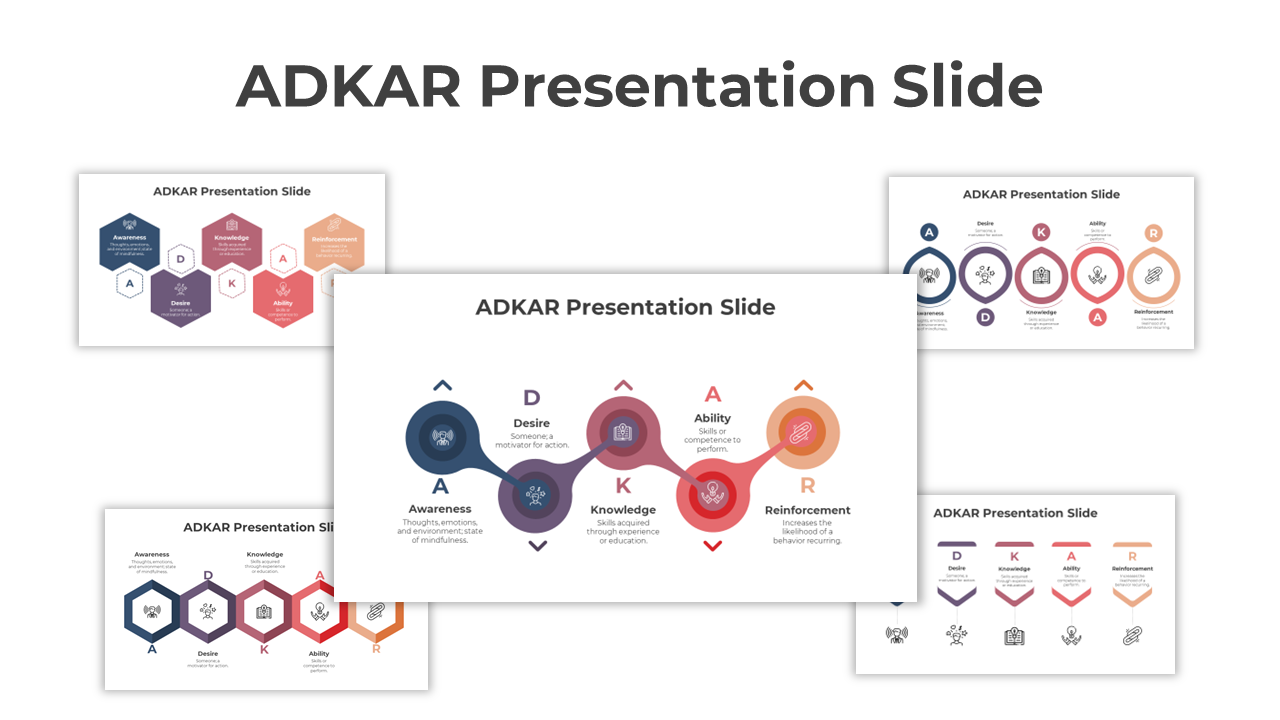 Five ADKAR slides in blue, purple, brown, red, and peach, displaying a mix of solid, outlined, and curved shapes.