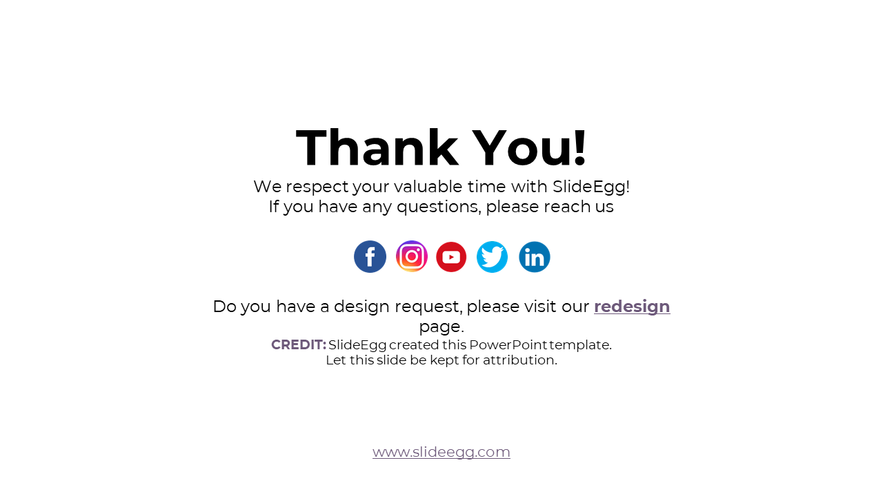 White thank you slide with black heading, gray text details, and social media icons arranged horizontally in the center.