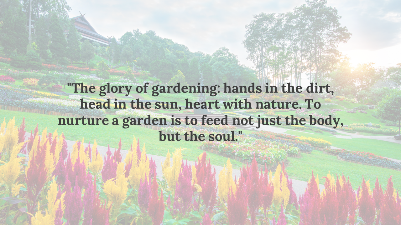 Dark text overlay of garden with tall red and yellow flowers in front, sloping lawns, layered flowerbeds, and soft sunlight.