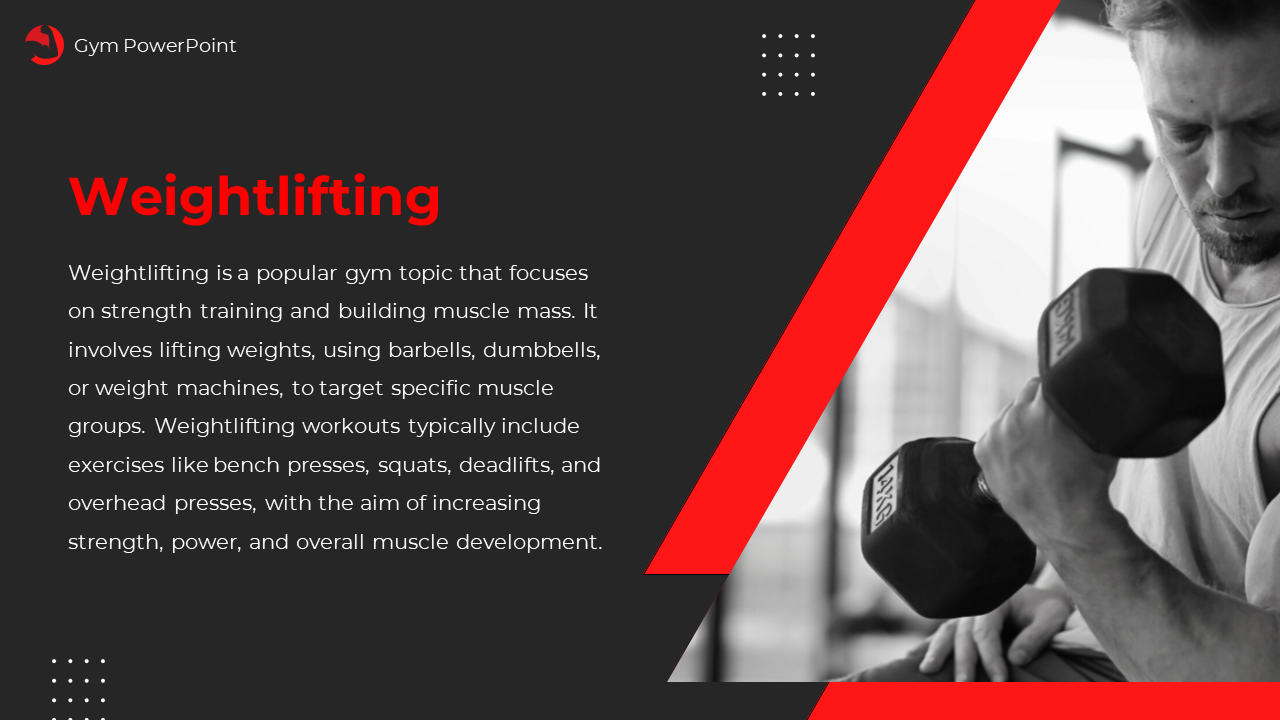 Dark slide with title and text on left, and a grayscale photo of a man lifting a dumbbell on right framed in red.