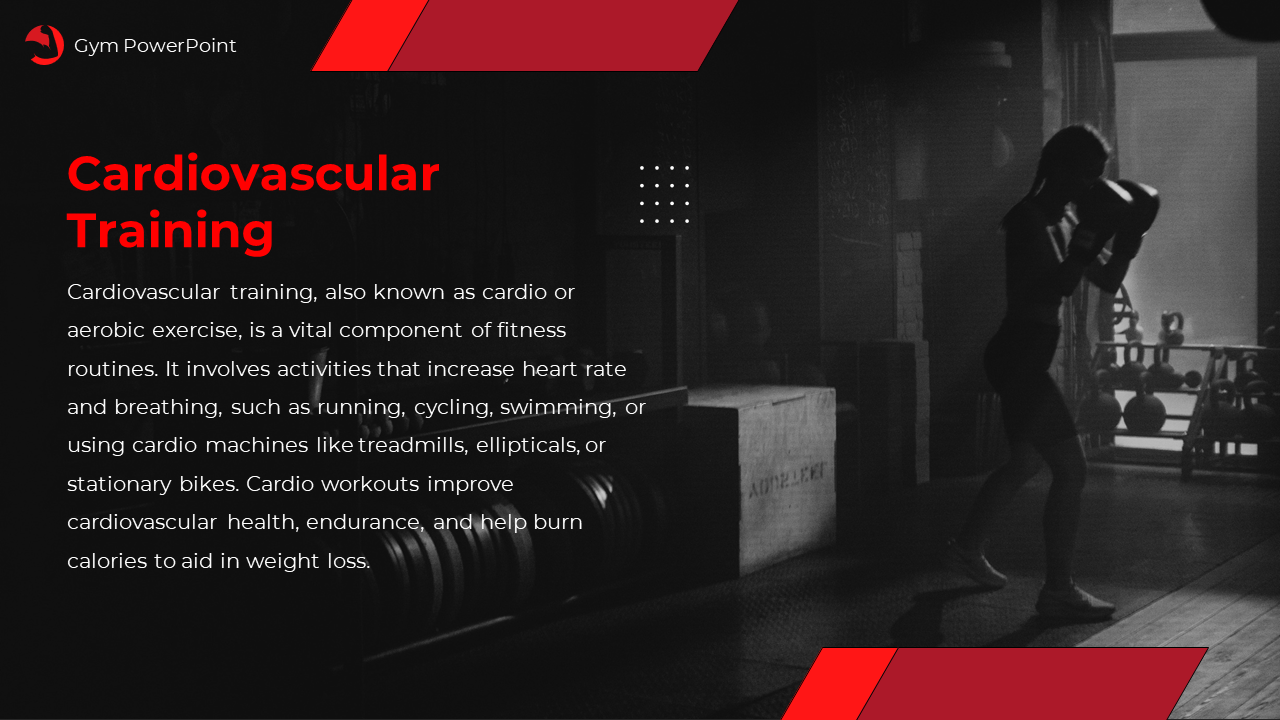 Dark slide with text on left, and a black and white photo of a woman practicing boxing with red accents.