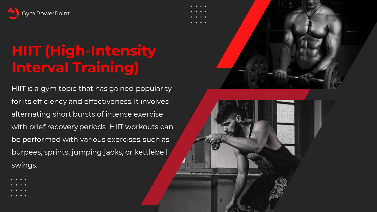 Black fitness slide with text, and two grayscale images of intense workouts bordered by red diagonal shapes.