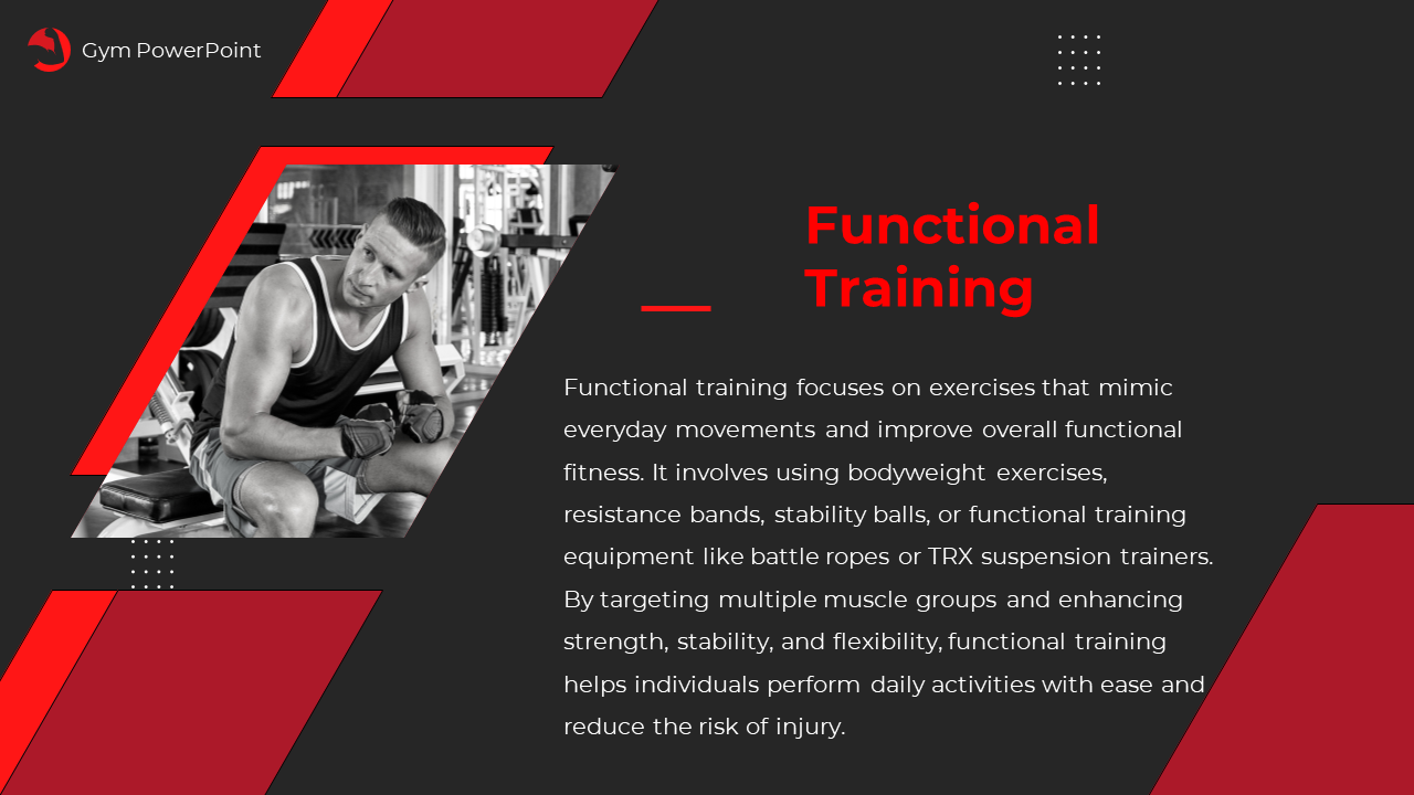 Black background with red accents, featuring grayscale image of a man exercising on left, and text on the right.