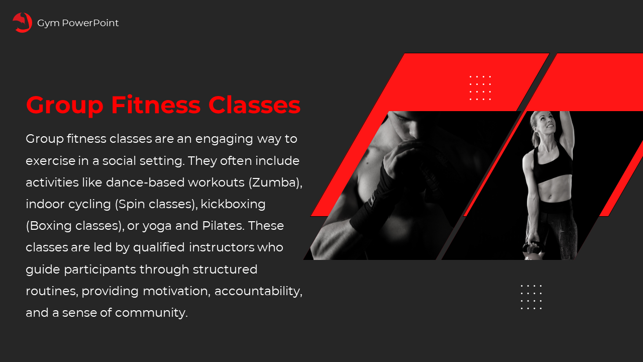 Dark background with heading and text on left, and two grayscale fitness photos framed by red shapes on right.