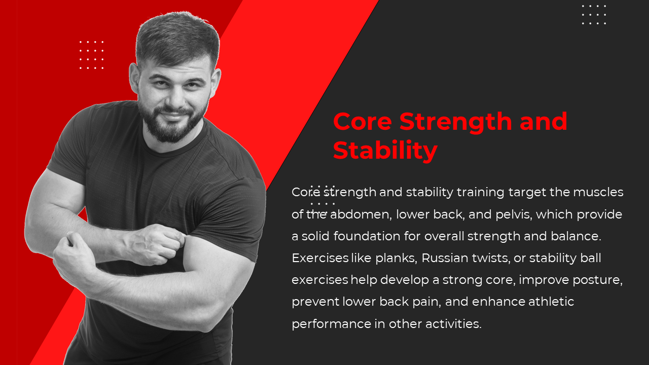 Smiling man posing with flexed arms against a red background, and fitness information text in right black side.