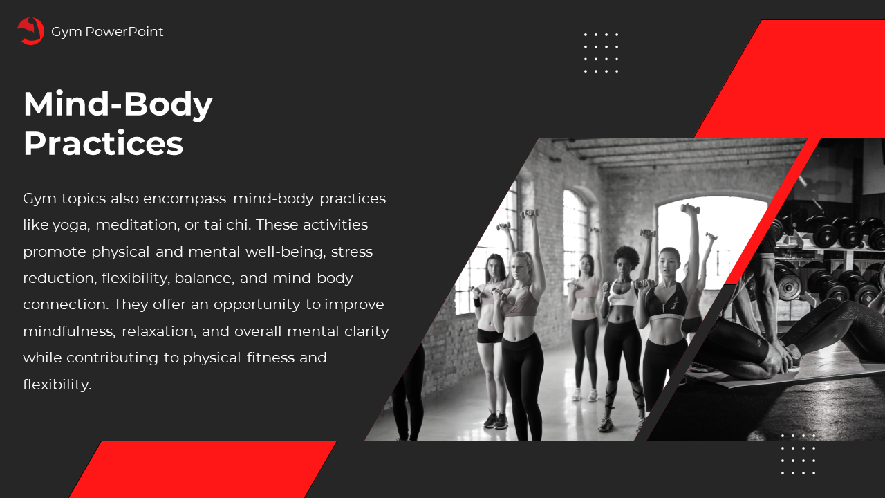 Workout themed slide with text on left, and two grayscale fitness images with red shapes, against a dark background.