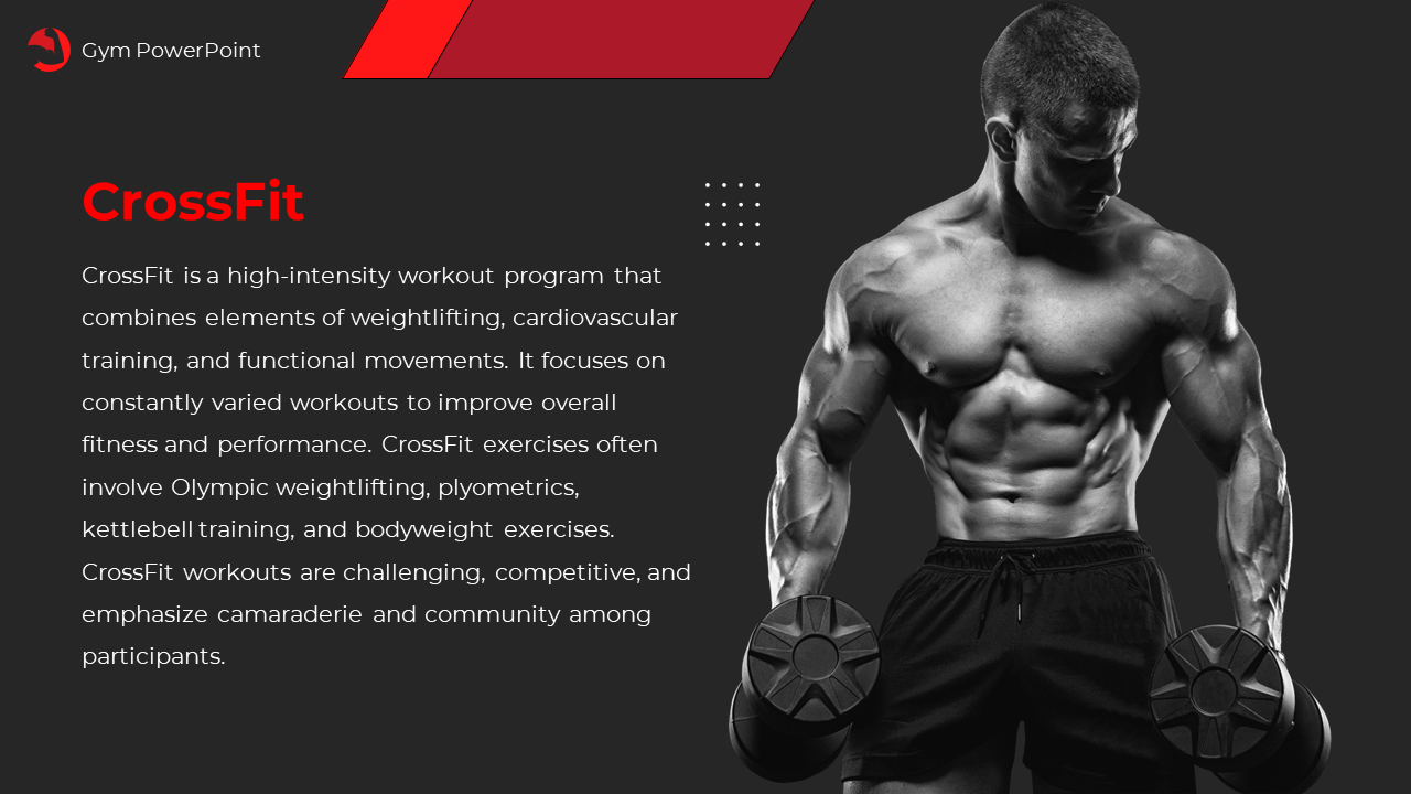 Dark themed layout with a grayscale muscular man lifting dumbbells, red geometric accents, and text block on the left.