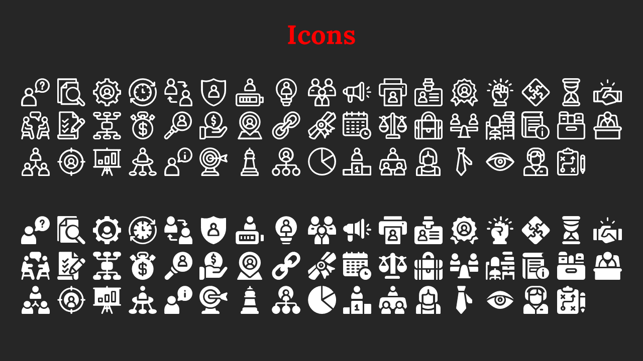 Minimalist dark background featuring a red title and rows of outlined and filled white business and planning icons.