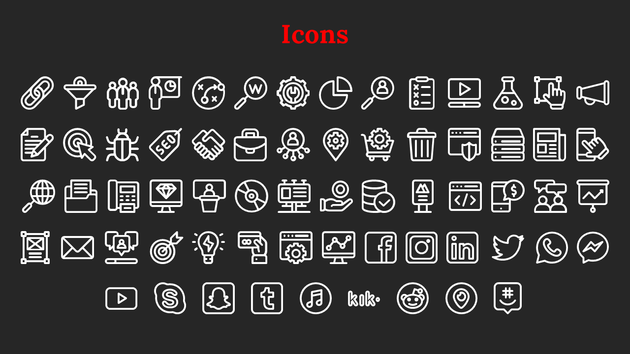 Dark slide featuring a red heading and multiple rows of outlined white icons including tools, charts, and social media logos.