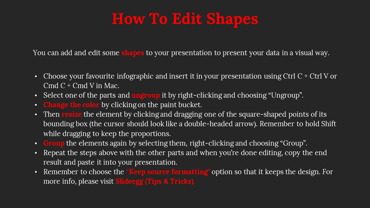 Simple black slide with large red title, white body text giving shape editing instructions, and selective highlights.