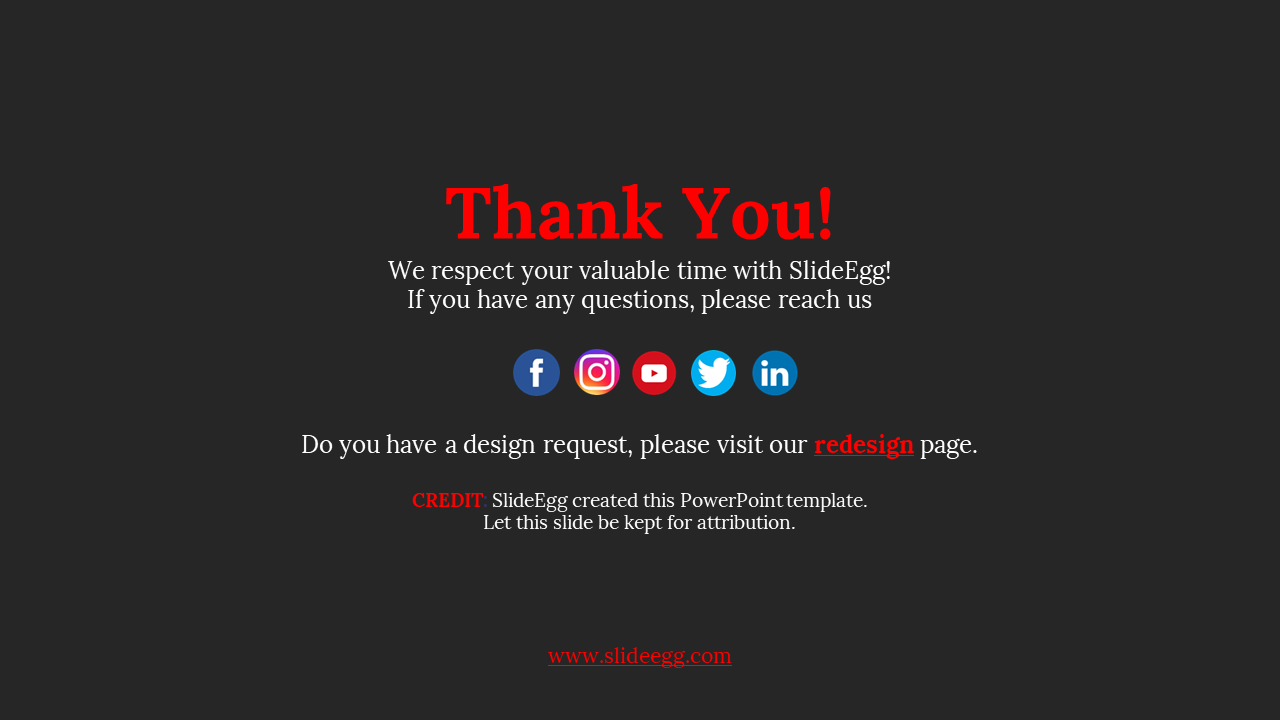 Black background with red thank  you text at center, and social media icons arranged horizontally.