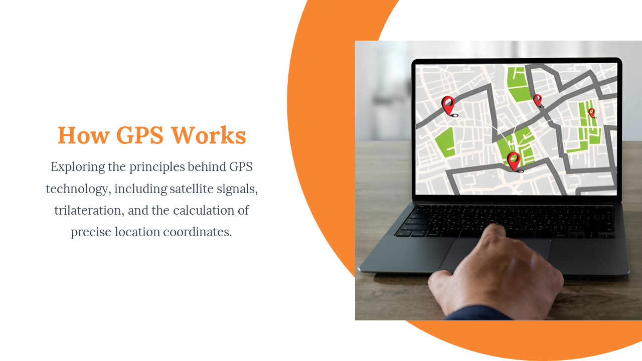 Slide with white text area and right side has a laptop showing a map with red pins and green areas, with orange curve.