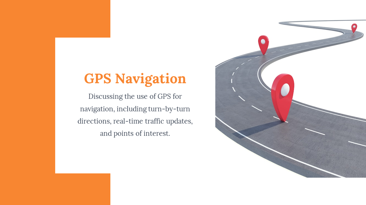 Curved gray road with red map pins at right and left orange side panel and GPS text over white text box in the middle.