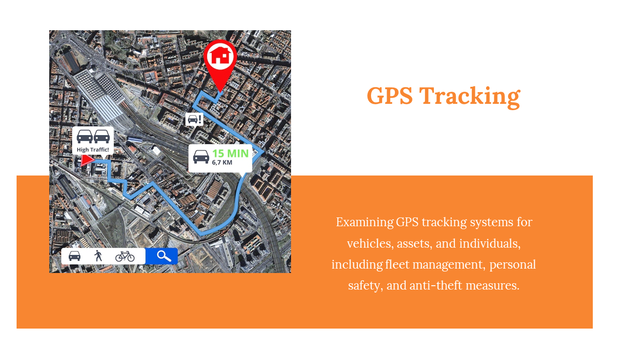 Slide featuring a satellite map with blue route and red marker and a white background with title and orange text box below.