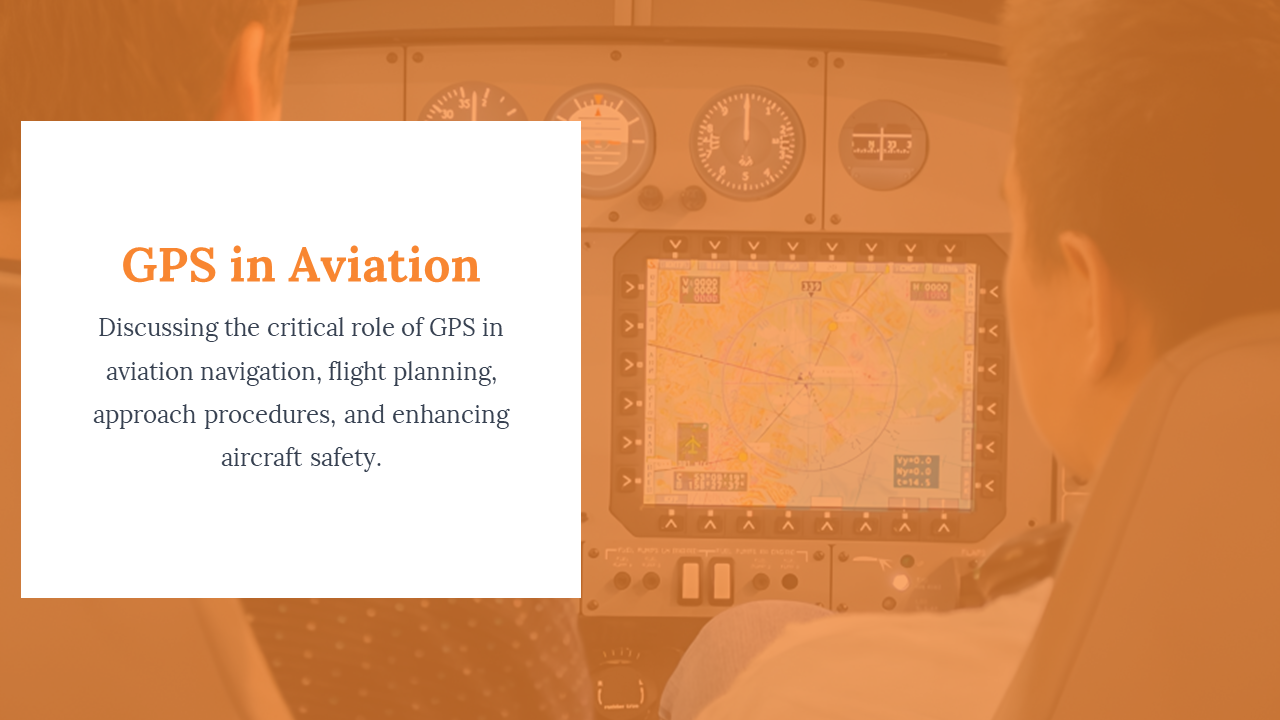 White rectangle with title and dark text on left, and an orange tinted cockpit and navigation panel in the background.