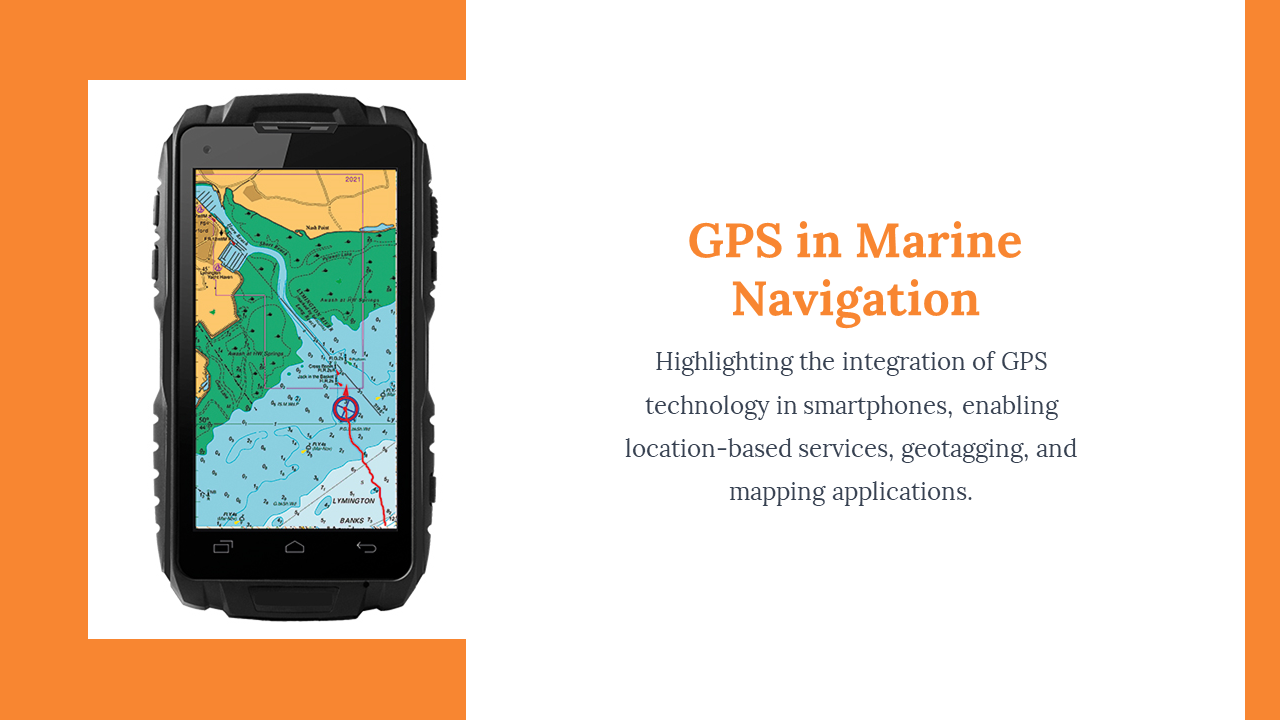 Black rugged GPS device with colorful map on left and right side has orange heading and gray body text on white background.