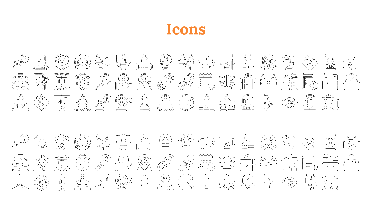 White background featuring orange heading and two blocks of black icons, top outlined and bottom filled, showing business.