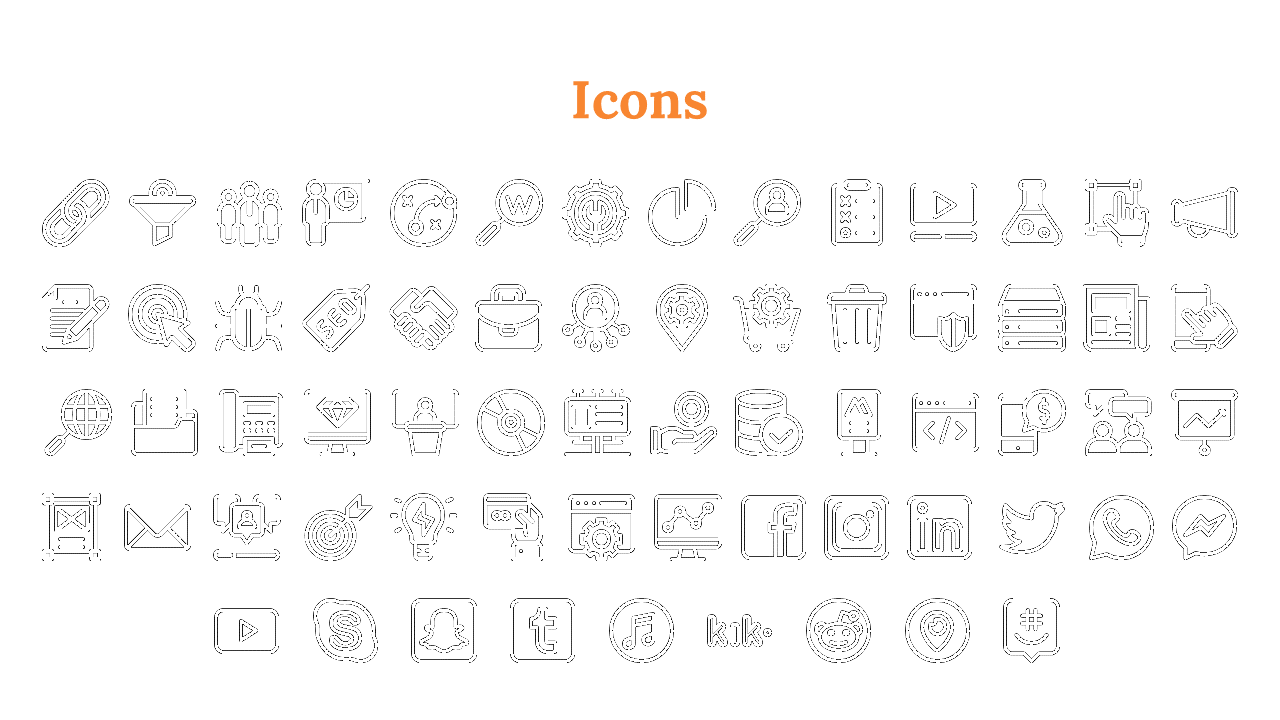 White background with an orange title, showing five rows of small black outlined icons, including maps, apps, and charts.