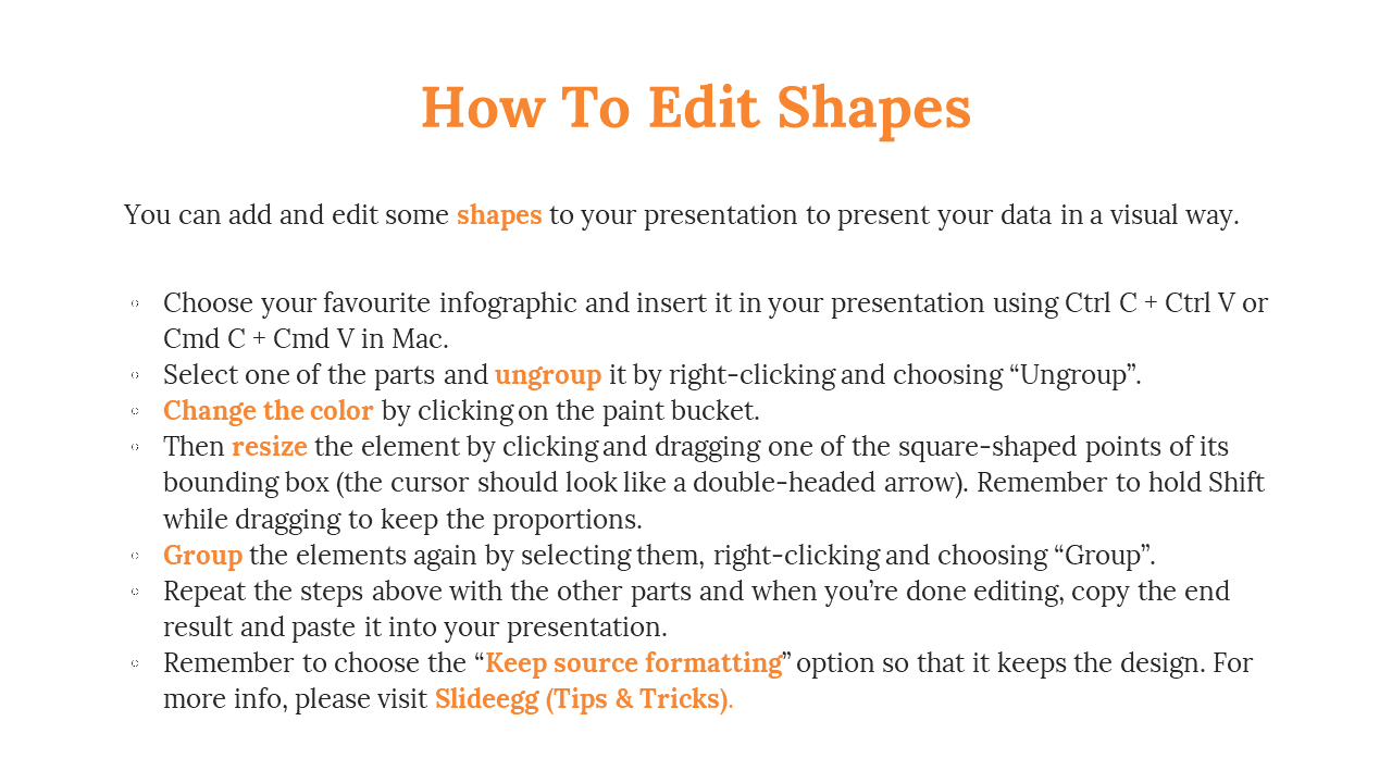 Simple design featuring an orange heading, black list of editing steps with key terms, on a plain white background.
