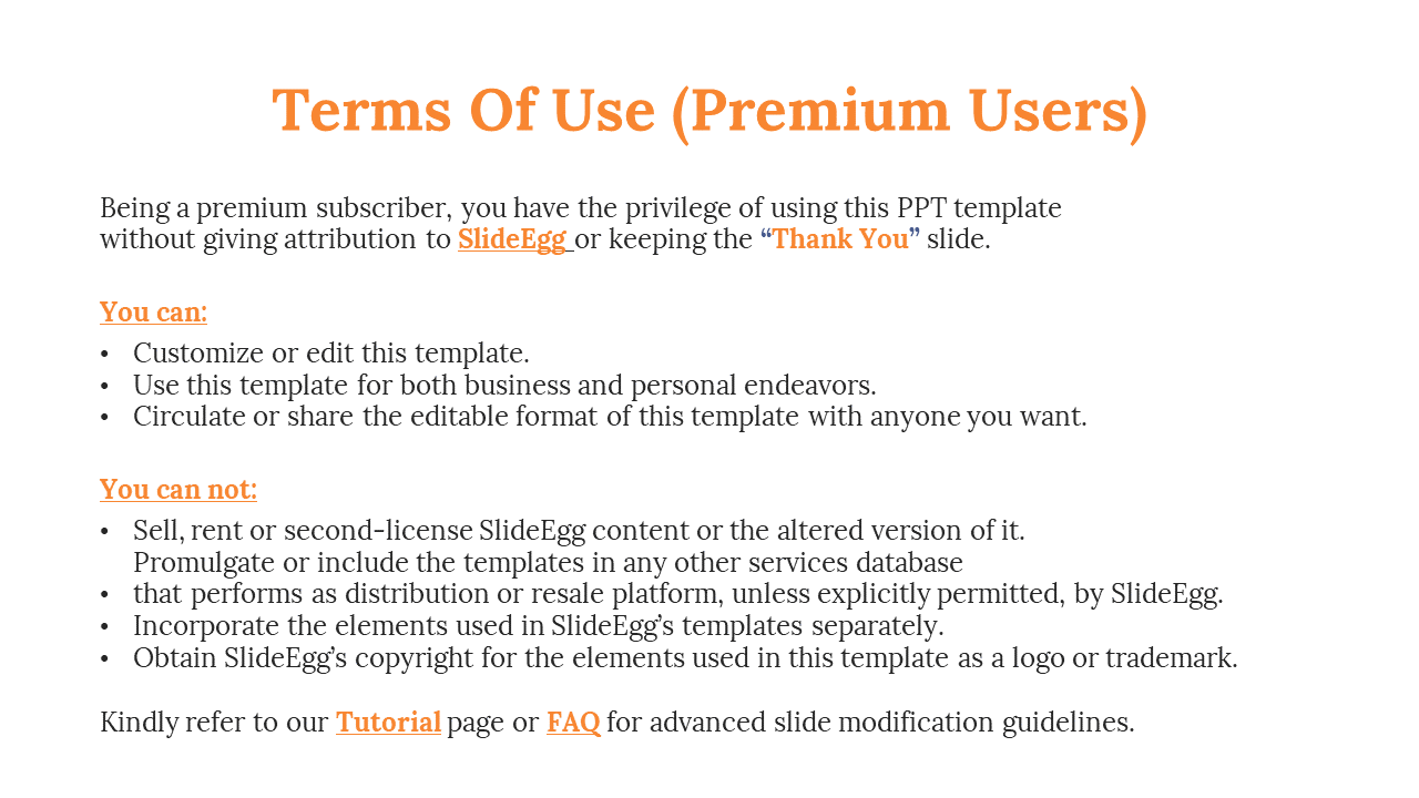 White background with bold orange title, black body text listing permissions and restrictions, and highlighted links.