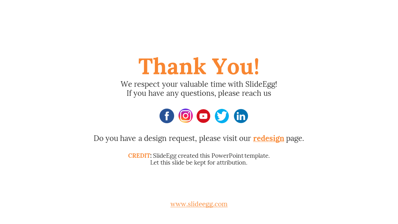 White background with bold orange thank you text, colorful social icons centered, and link at bottom.