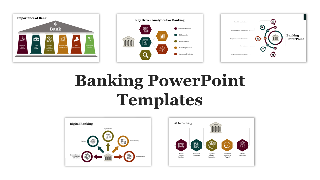 Collection of slides with colorful layouts, including a bank structure diagram and icons for key banking functions.