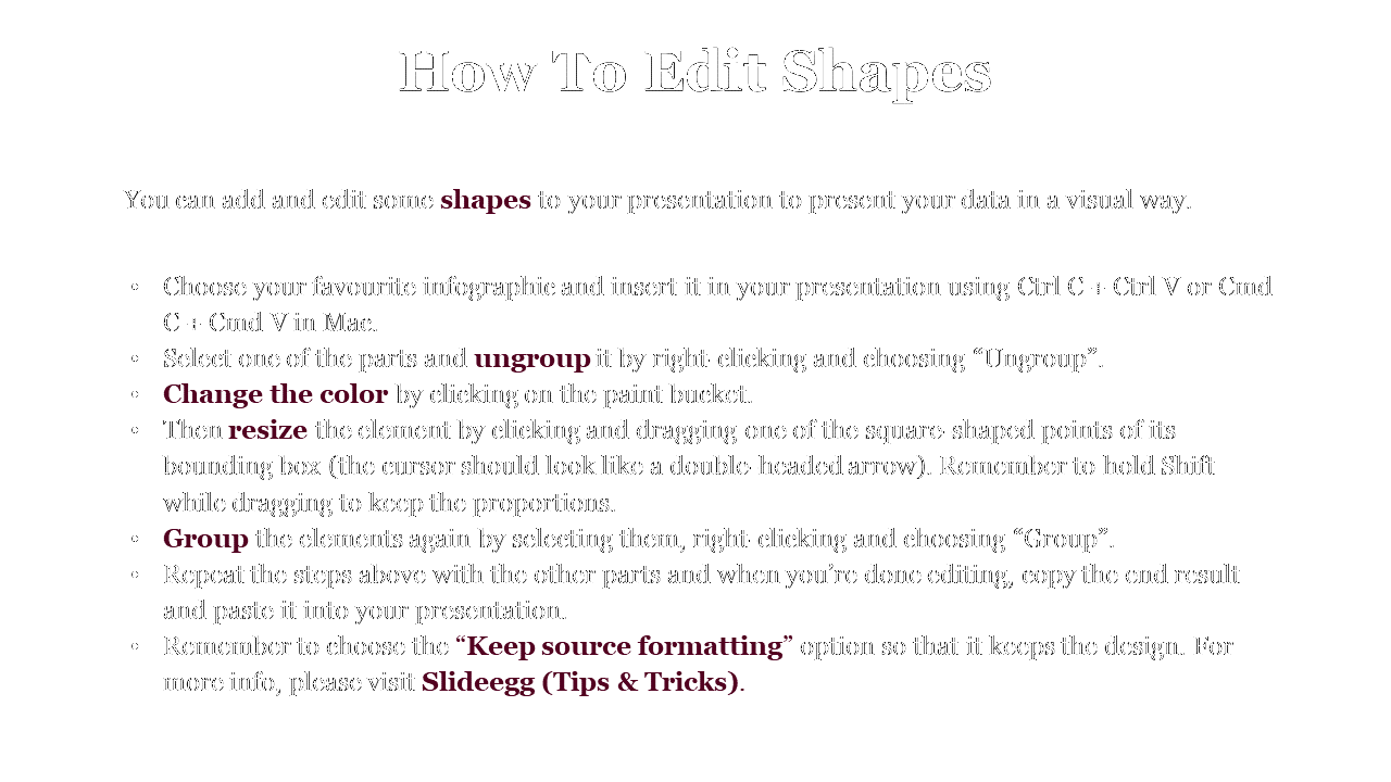 Instructional slide explaining how to edit shapes in PPT, covering ungrouping, changing color, and grouping elements.