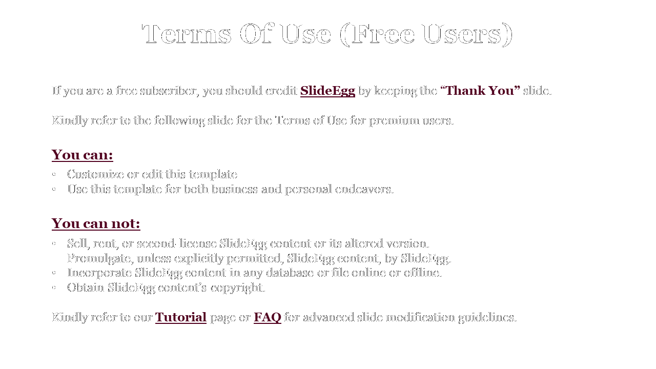 Slide detailing the terms for free users including rights to edit templates and limitations on selling or SlideEgg content.
