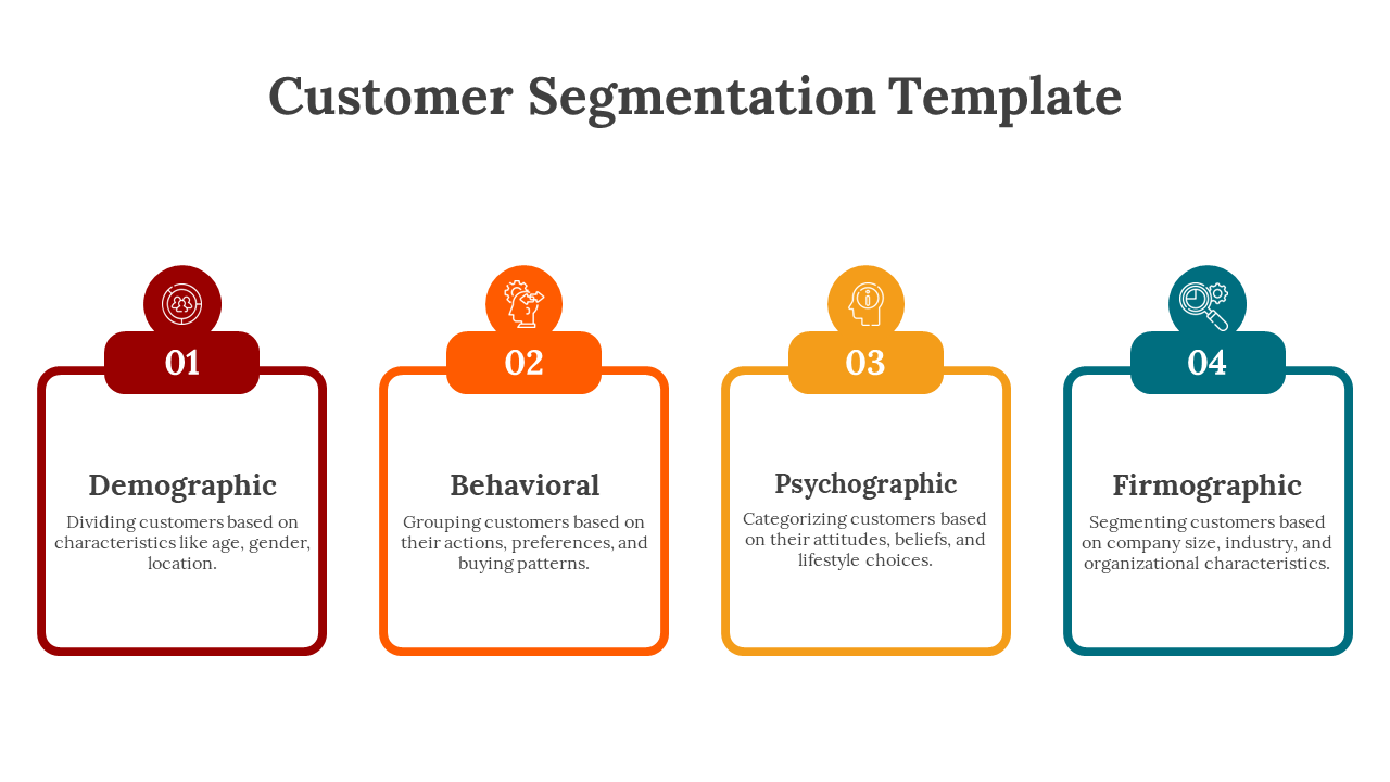 Slide with four outlined boxes in red, orange, yellow, and teal, each topped with a round icon and number label.