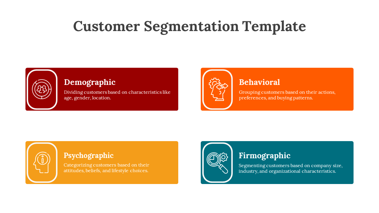 White background with four horizontal rounded rectangles in red, orange, yellow, and teal, each with an outlined icon.