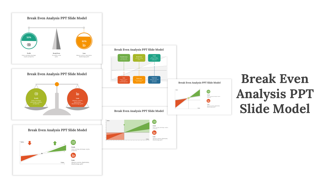 Collage of six slides featuring profit and loss graphs with circles, arrows, and colorful diagrams in green and red.