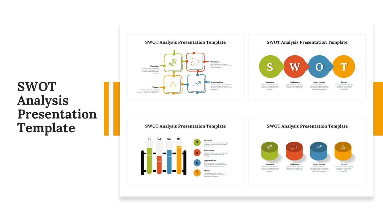 SWOT analysis slide deck featuring colorful circular, rectangular, and infographic designs, to visualize business strategies.